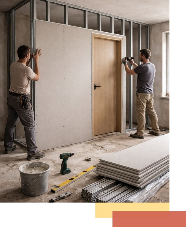 Перегородка из гипсокартона с дверью под ключ в Инте