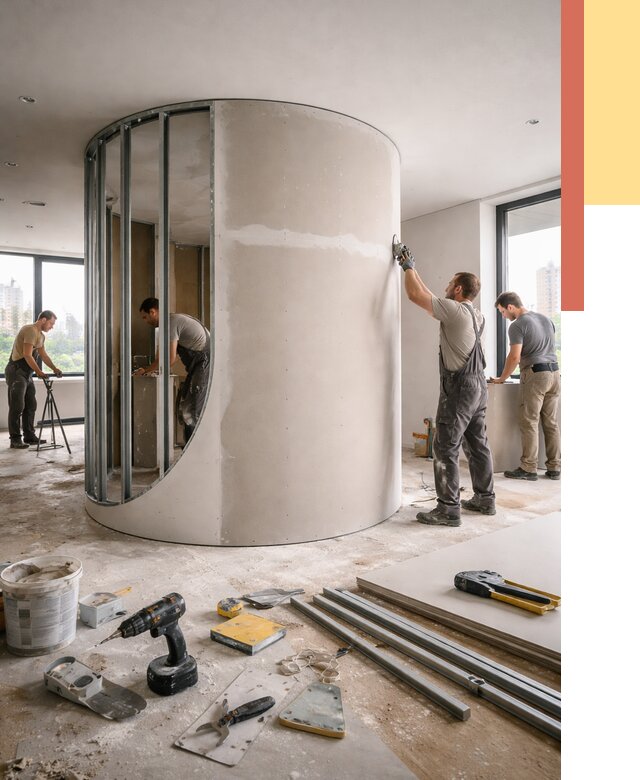 Радиусная перегородка из гипсокартона в Инте от 2941 руб. под ключ | ОТДЕЛОЧНИК-Инт