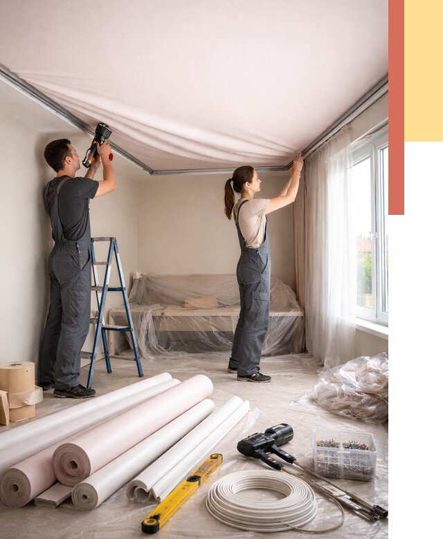 Монтаж цветного натяжного потолка в Инте от 4260 руб/м² — быстро и недорого | ОТДЕЛОЧНИК-Инт